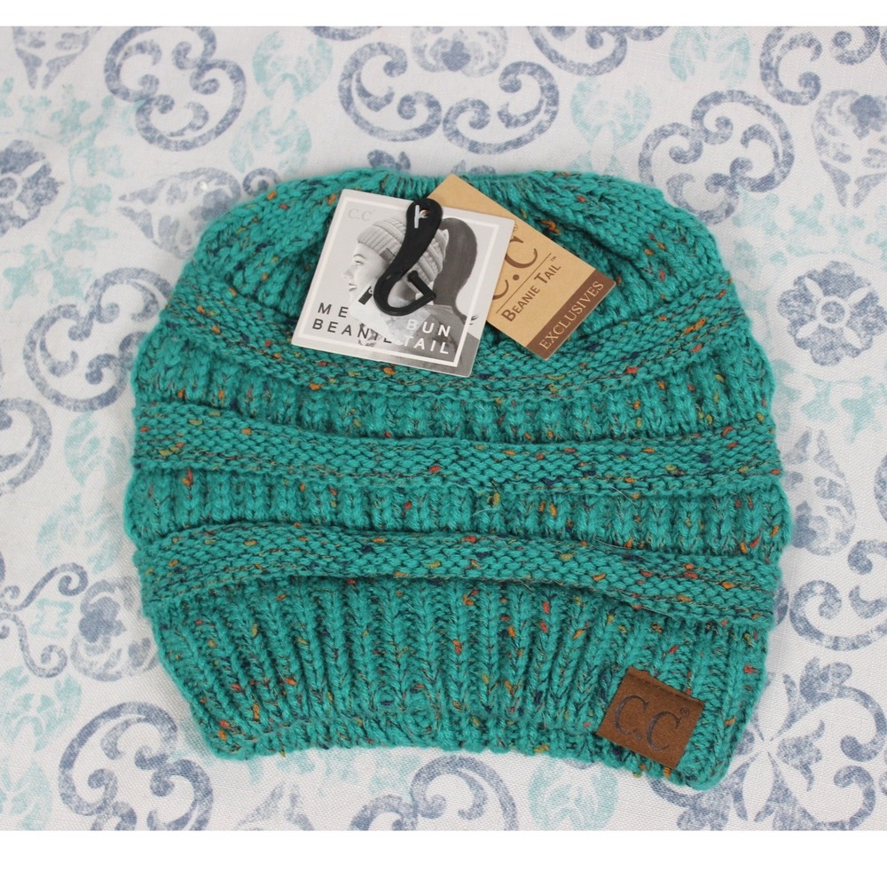 CC Beanie Tail Messy Bun Ponytail Hat Teal Confetti Knit Beanie‎ NWT